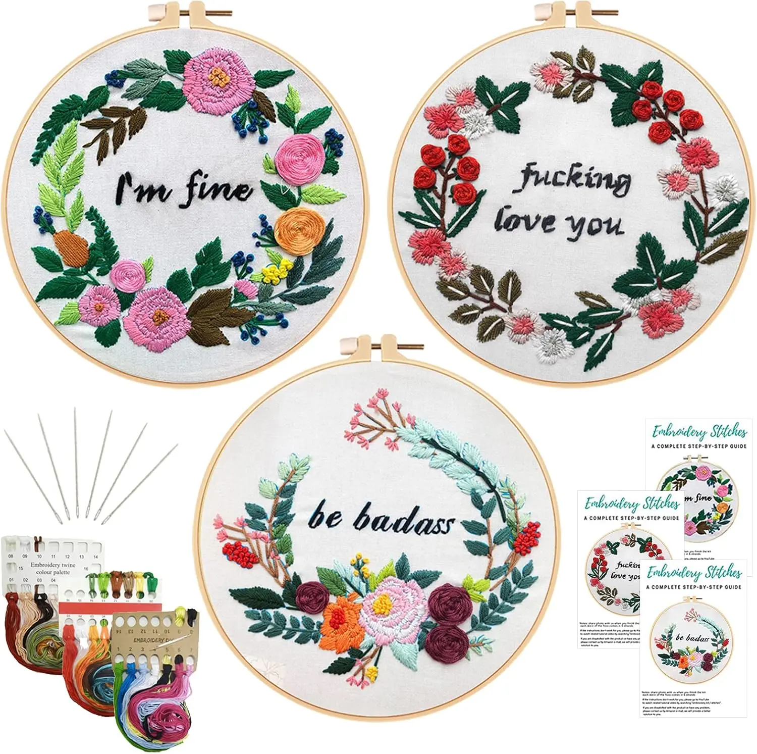 3 Pack Funny Embroidery Kit,  Cross Stitch Starter Kit for Beginners Adults