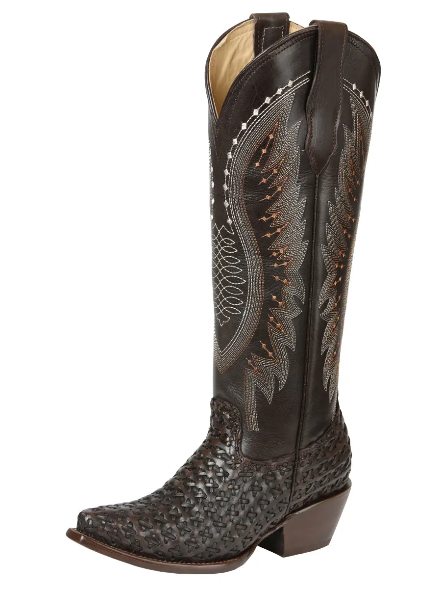 Women's Cowgirl Boots in Dark Brown Full-Grain Leather, Knee-High Western Style with Basket Weave, Embroidered Shaft, Rhinestones, and Stacked Heel, Shoe, Snip Toe, Western Elegance, Decor, Footwear, Classic, Copper, Cowboy Aesthetic, Statement Shoes, Rub