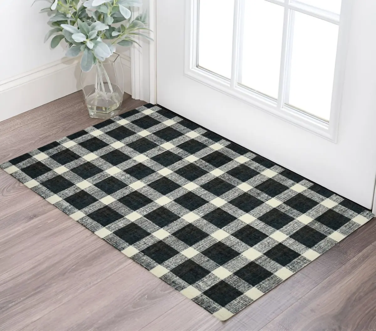Plaid Print Hand-Tufted Wool Fiber Area Rug - 2x3 ft Charcoal & Ivory, Artistic Look Transitional Style, for Living Rooms, Plaid Print Rug