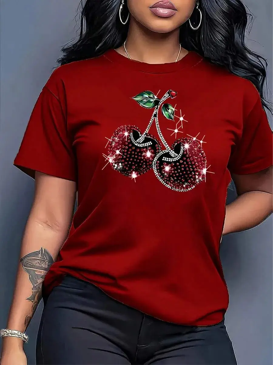 Women's Basic Short-Sleeve Tee Top - Sparkly Rhinestone Cherry Graphic, Soft Fabric, Ideal for Parties, Casual Dates, Shortsleeve, Cotton, Smooth, Fit, T Shirts Women, Women's T Shirts