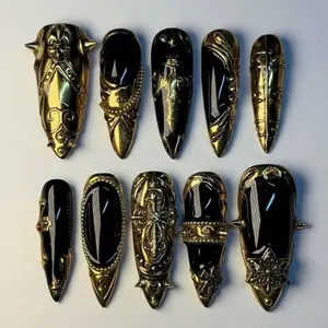 Handmade Black & Gold Armorcore Press On Nails | 3D Chrome Cross Knight Shield Art | Medieval Gothic Dark Fantasy Stiletto Fake Nails