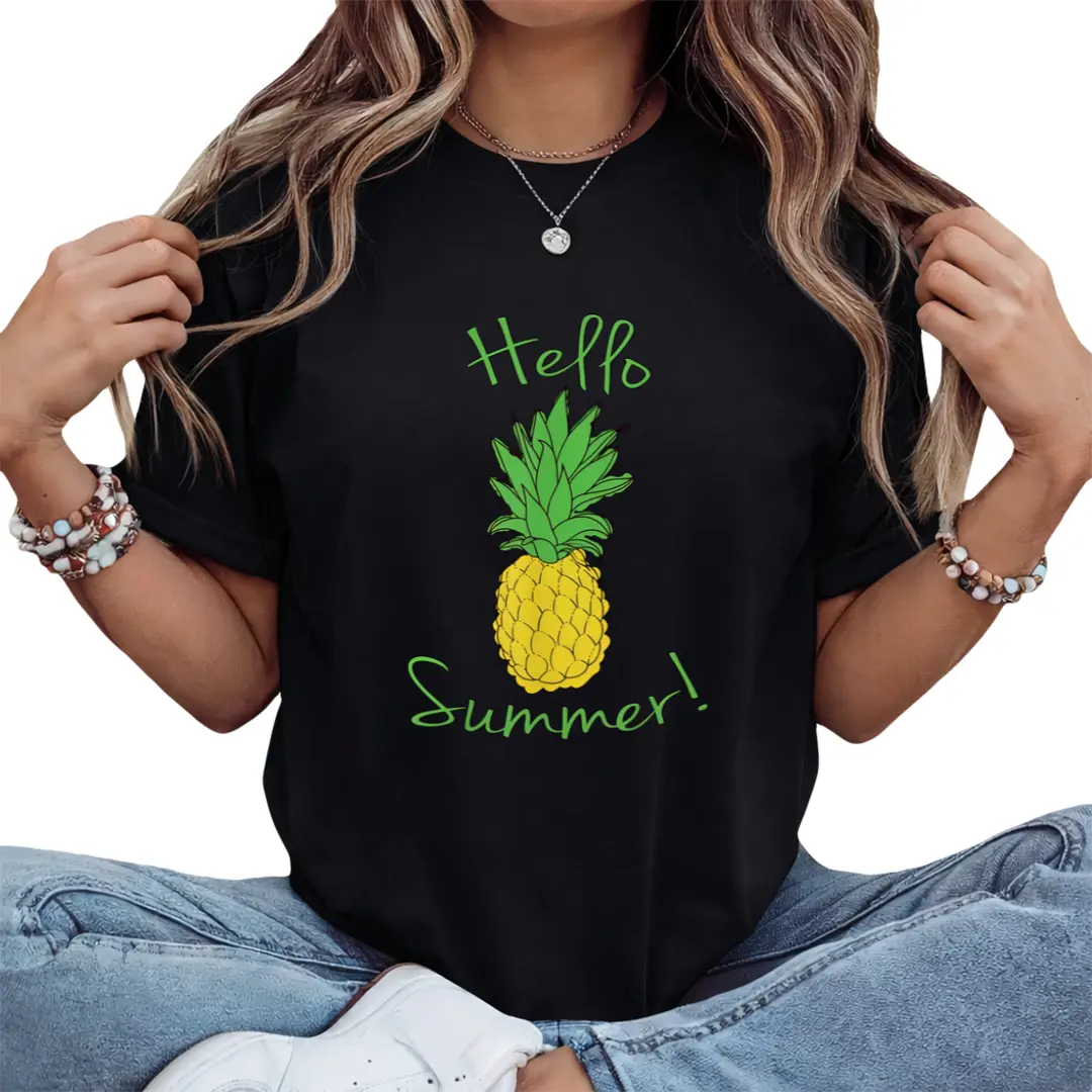 A Cute Summer Women'S T-Shirt with a Fun Pattern, Featuring a Pineapple Print Perfect for The Warm Season. This Fresh Summer Outfit Is Made of Skin-Friendly, Making It a Top Choice for Summer Enthusiasts. It'S a Lovely T-Shirt Suitable for Casual