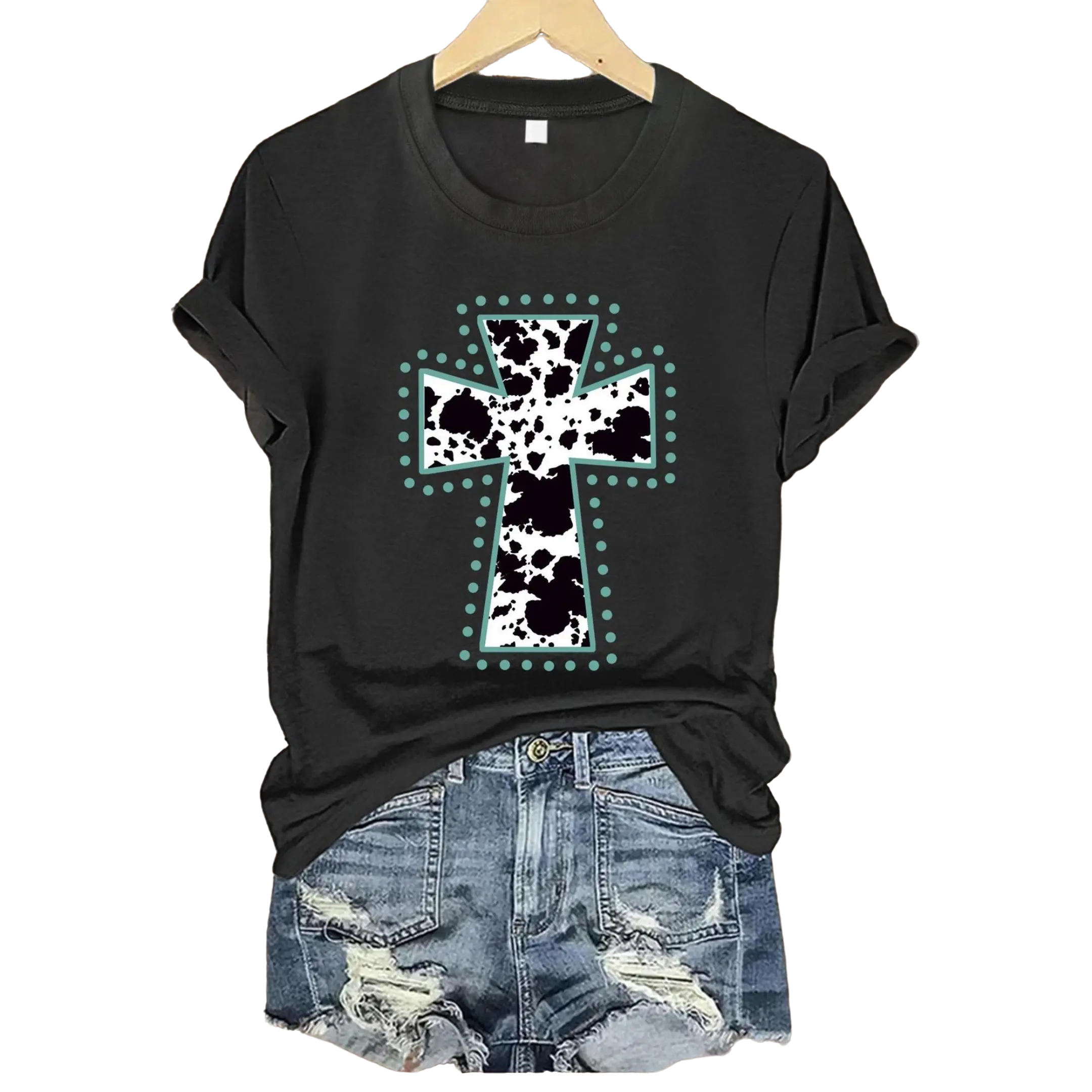 Women's Casual Stretchy Short-Sleeve Cow Print T-Shirt - Crew Neck, Cross & Turquoise Dots Graphic, Fitted, All-Season Comfort, Machine Washable, Versatile Shortsleeve Tops, Tshirt
