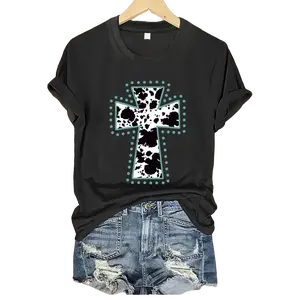 Lady's Stretchy Shortsleeve Cow Print T-Shirt - Crew Neck, Cross & Turquoise Dots Graphic, Fitted All-Season Comfort Fit, Machine Washable, Versatile Look, Versatile Clothing