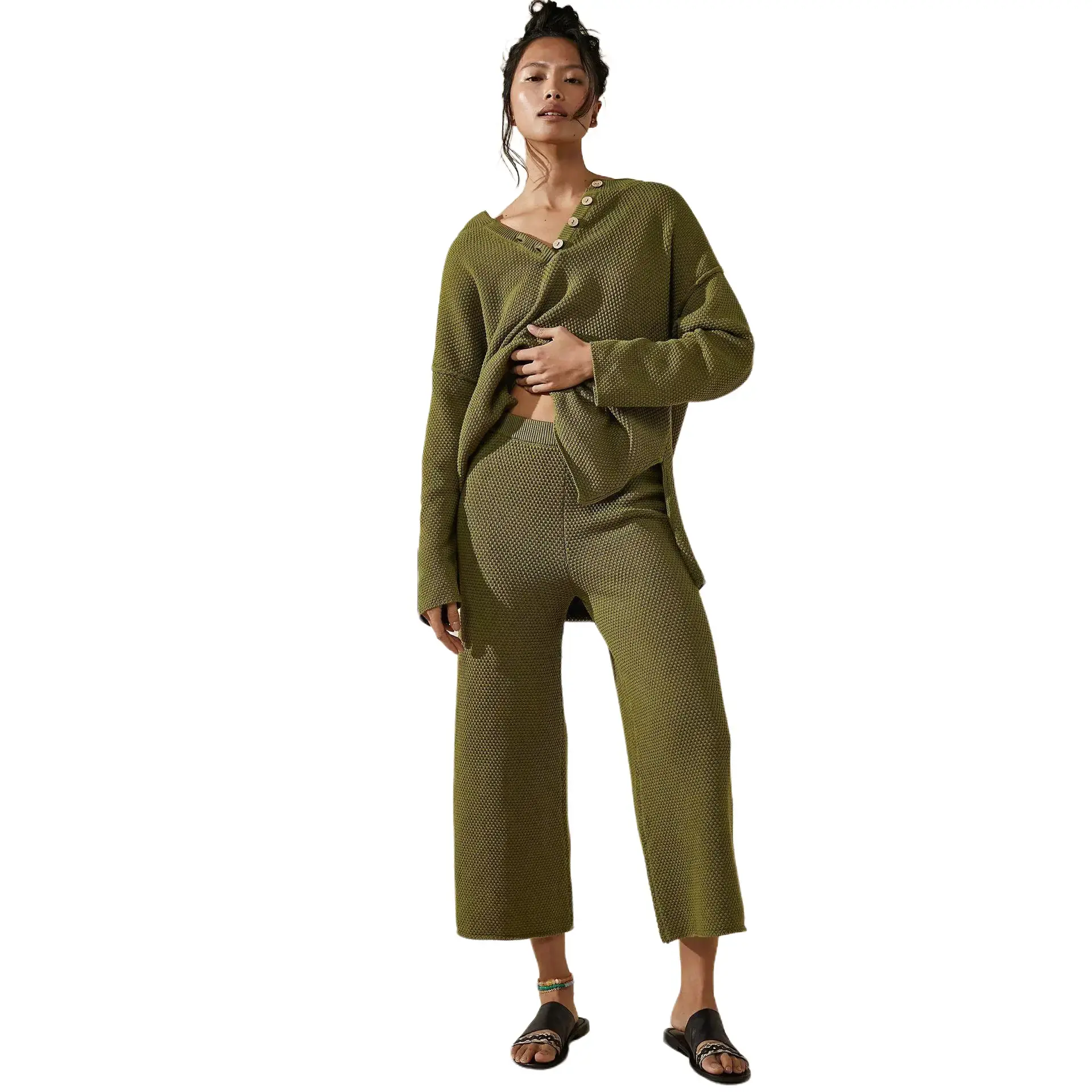 Women's 2-Piece Waffle Knit Pajama Set - Longsleeves V-Neck Henley Top, High Waist Wide Leg Pants, Acrylic Blend Casual Fall Loungewear with High-Temp Care & Relaxed Drape, Pajama Sets Women, Soft Warmth