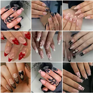 Colorful Lace Bow Cute Removable Nail Art Tips, French Glossy Style, High-End Unique Nails, 24 Pieces Set