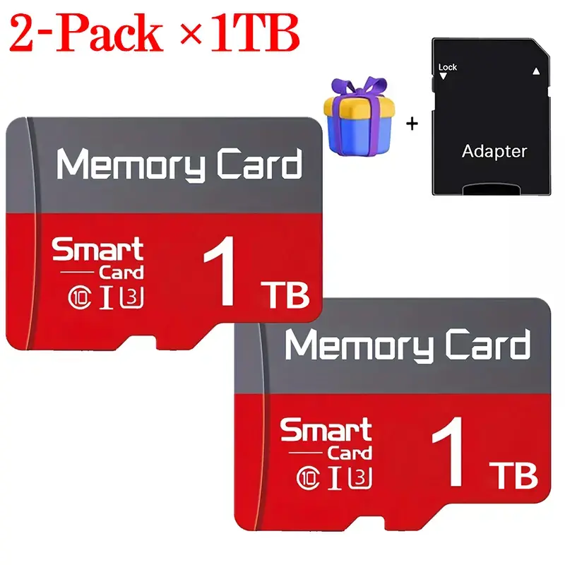 2 Pack 1TB Micro Memory Cards with SD Card Adapter, Suitable for Dash Cam, Security Camera, Mobile Phone, Game Console
