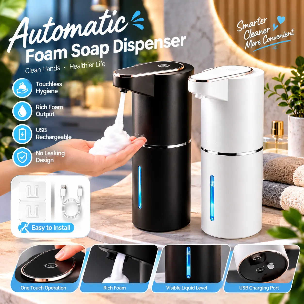 Automatic Soap Dispenser, 12oz Touchless Foaming Soap Dispenser, USB Rechargeable, 4 Adjustable Levels, Waterproof, Kitchen Gadgets, Home Essentials Hand Wall, Bathroom soap dispenser Restroom