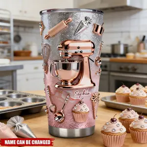 Personalized Baking Lover Tumbler, 2D Printed 3D Effect Rose Gold Glitter Insulated Cup with Stand Mixer Design, Custom Name Kitchen Tumbler for Bakers Mom Sister or Best Friend, Stylish Baking Theme Drinkware, Perfect Birthday Christmas Gift
