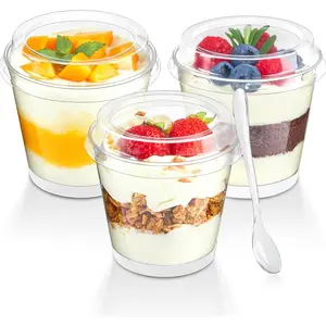 50 Pack 6 oz Mini Dessert Cups with High  and Spoons, Small Plastic Cake Cups Round Shooter Cups for Serving Parfait Appetizer Pudding Fruit Ice