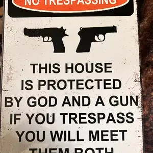Gun Logo Novelty Metal Aluminum Logo Forbidden Trespassing This Property Subject to God and Gun Logo Garden Yard Home Decoration Farmhouse Art Wall Logo Plaque Size: 8 x 12 inch Hanging Signs Print Stickers