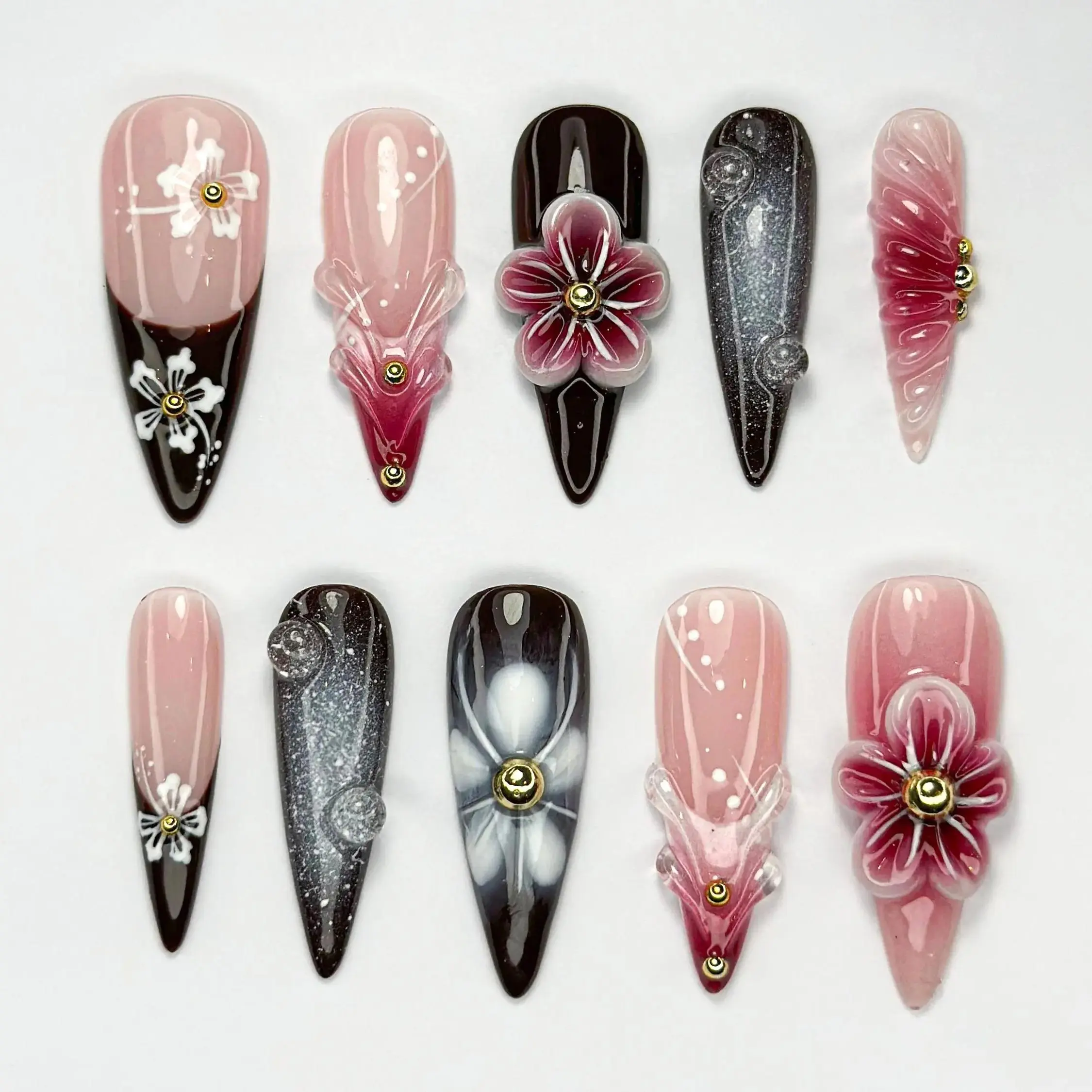 Elegant Red Floral Press On Nails | 3D Red Blossom Nail Set | Elegant Spring Nails | Glossy Floral Nail Set | Dark Glam Nails