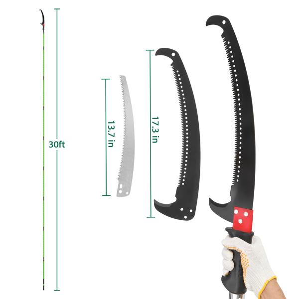 30ft Manual Pole Saw - Lightweight Fiberglass Tree Trimmer with Sharp Steel Blades for High Branches & Shrubs