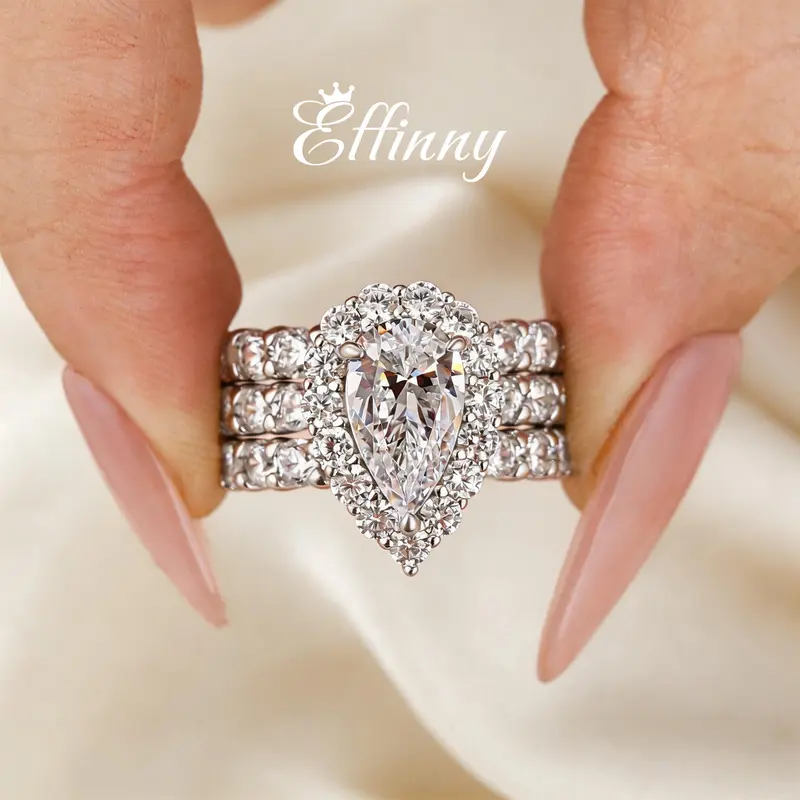 Effinny 3.0ct 925 Sterling Silver 3PC 14K Gold Plated Halo Pear Cut No Tarnish Wedding Ring Set, Fashion Jewelry Women's Ring Set for Daily Wear, Travel-Friendly, Engagement Wedding Bands, Non Tarnish Jewelry