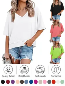 2026 Summer New European and American Style Women's Solid Color Patchwork T-Shirt, Short Sleeve V-Neck Loose Fit Top, Fashionable Ladies' Clothing