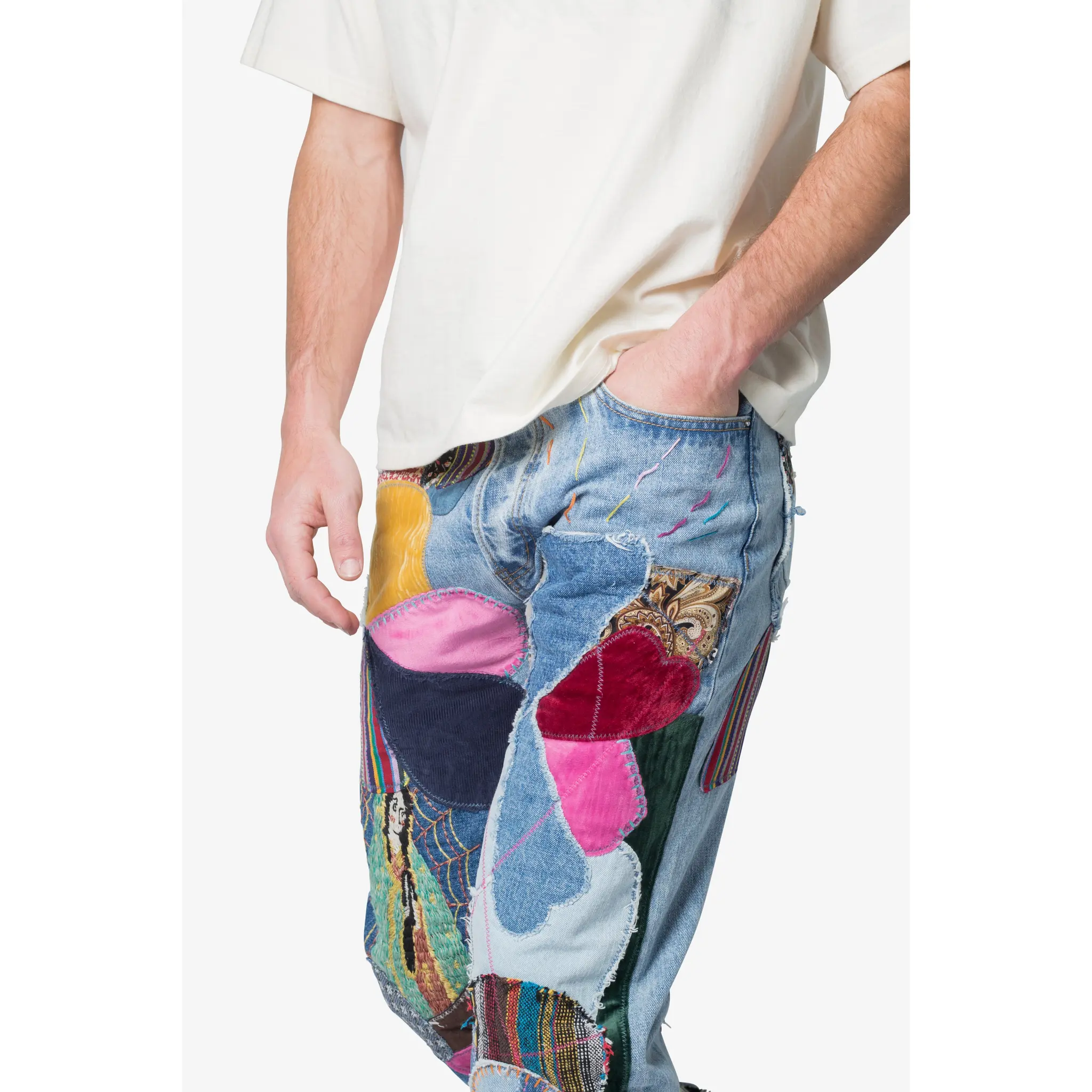 twobuckles patchwork denim unisex mサイズ mnml V647 Baggy Patchwork Denim - Blue/Multi - TikTok Shop