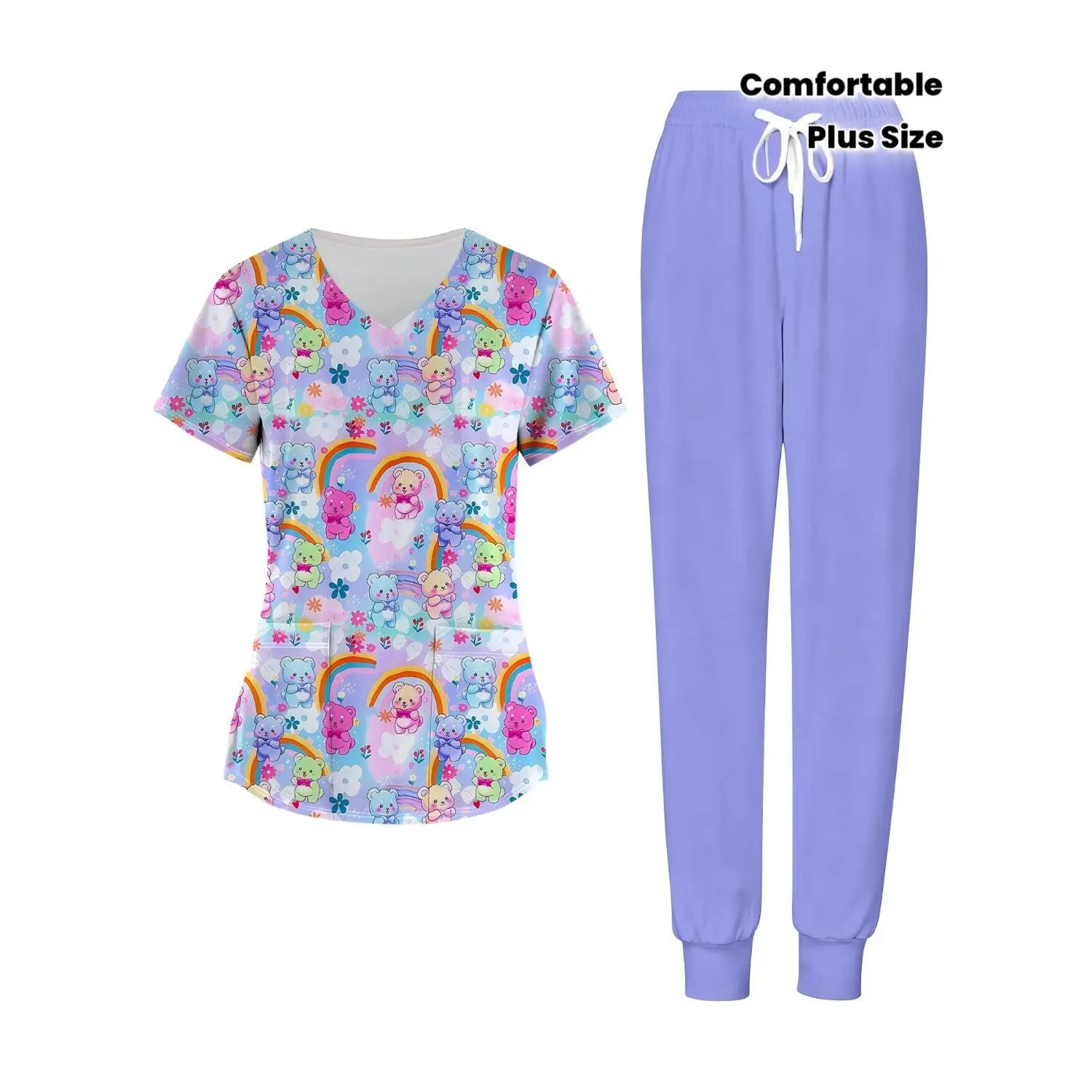 Plus Size Women's Nursing Scrubs Set Cute Rainbow Bears And Flowers Print Uniforms for Hospital Clinic Work Comfortable Fabric Perfect Gift