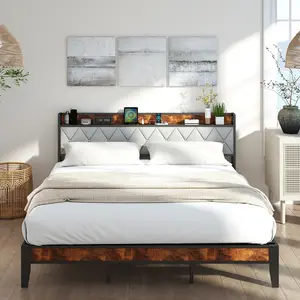 Queen/King Bed Frame with Headboard, Underbed Storage, Built-in Charging Ports, Sturdy Noiseless Design, Tool-Free Assembly, No Box Spring Needed