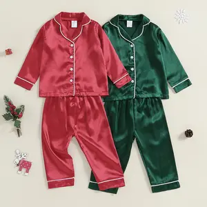Toddler Baby Girl Boy Silk Pajamas Set Solid Long Sleeve Button Down Shirts Tops and Pants Satin 2PCS Pj Lounge Sets