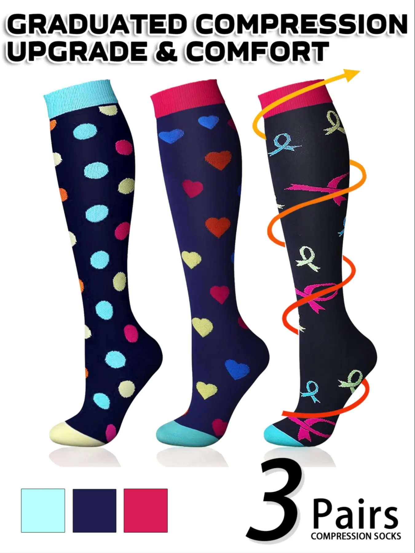 3 pairs of men's and women's compression socks with a compression rating of 15-20 mmHg in a knee-high design for running, performance and recovery, available in a range of colours to help improve circulation, Sports Socks 3 pairs of men's and women's compression socks with a compression rating of 15-20 mmHg in a knee-high design for running, performance and recovery, available in a range of colours to help improve circulation, Sports Socks