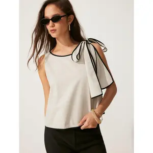 Cider Linen-blend Boat Neck ColorBlock Knotted Blouse SwimWeek