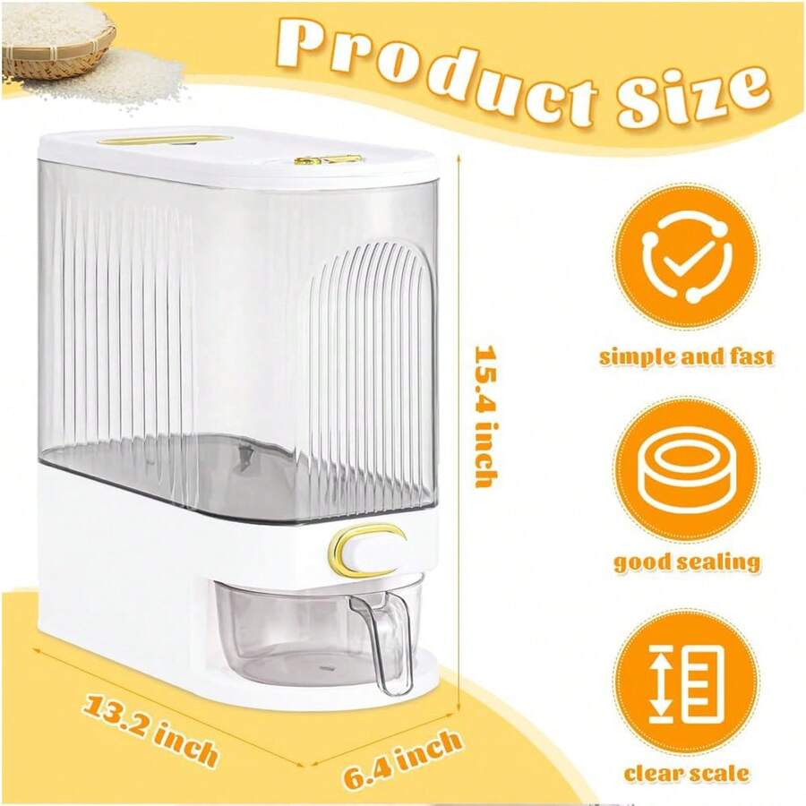 A large-capacity rice storage container with a measuring cup, moisture-proof and insect-proof sealed storage container, suitable for storing rice, grains, flour, dog food, pet food, household sealed rice container, and household kitchen supplies