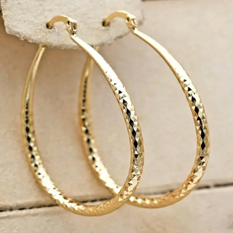 Rhombus Pattern Golden Hoop Earrings Retro Bohemian Style Copper 14K Golden Plated Jewelry Trendy Female Gift