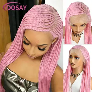Pink Colored Braided Wigs for Black Women 36" Synthetic Full Lace Knotless Cornrow Box Braids Wig Side Part Cosplay Braided Wig