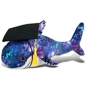 DolliBu Shark Space Sequin Graduation Plush Toy with Cap with Tassel - 12 Inch