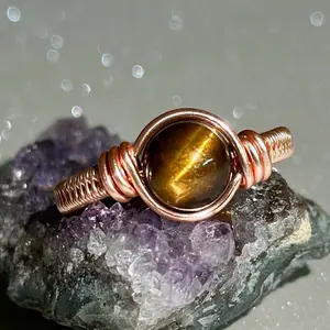 Tiger Eye Copper Wire Wrapped Ring for Men and Women