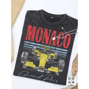 Men's Casual Retro Washed 230G 100% Cotton Black T-Shirt Short Sleeve with Monaco Racing Design, Breathable, Sweat-Absorbent, Comfortable Top, Suitable for All Seasons, Machine Washable, Perfect Gift for Friends on Holidays