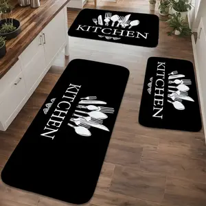 1/2/3pcs, Black and White Tableware Kitchen Signage 2D Flat Printing Pattern, Home Decor, Home Mat Set, Suitable for Kitchen and Bathroom, Soft and Thick Indoor Entrance Rug, Non-Slip and Easy-to-Clean