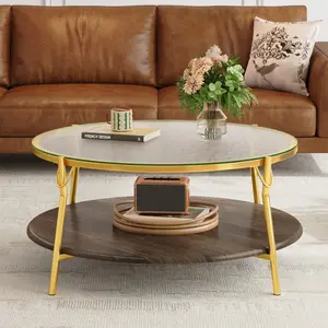 2-Tier Round Coffee Table with Hammered Glass Top & Gold Base, Modern Walnut Storage Table for Living Room