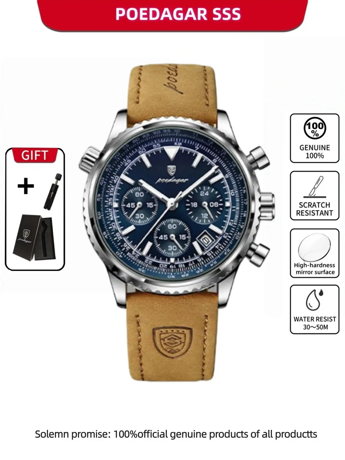 Poedagar luxury men's watch, waterproof luminous calendar timer, leather strap, quartz movement, elegant design, suitable for daily wear and gift giving, Luminous Analog Watch, Quartz Analog Wristwatch, Analog Quartz Watches