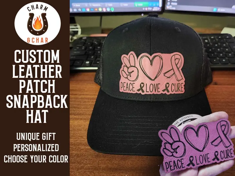 Peace Love Cure Breast Cancer Awareness Leather Patch Trucker Hats - Classic Colors