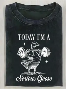 Men'S Funny "Today I'm a Serious Goose" Graphic T-Shirt - 230g Heavyweight Cotton Streetwear Tee with Weightlifting Goose Design, Loose Fit Casual Shirt for Gym, Outdoor & Gifts (Halloween, Thanksgiving, Christmas) - All-Season Comfort, Dur