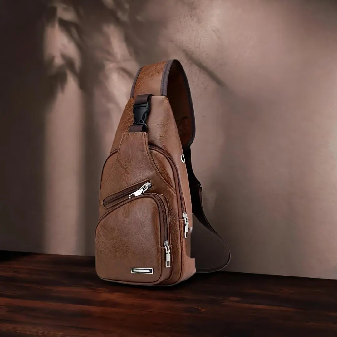 Faux Leather Sling Chest Bag, Lightweight Crossbody Bags for Men Women, Mini Sash Bag with USB Charging Port, One Strap Backpack for Travel Outdoor Camping (Light Brown/Black)