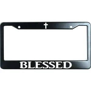 Blessed with Cross Logo Matte Black Stainless Steel License Plate Frame for Christian, Jesus/God Auto Car Tag Frame, Heavy Duty License Plate Cover Holder, 2 Holes with Screws summerwins