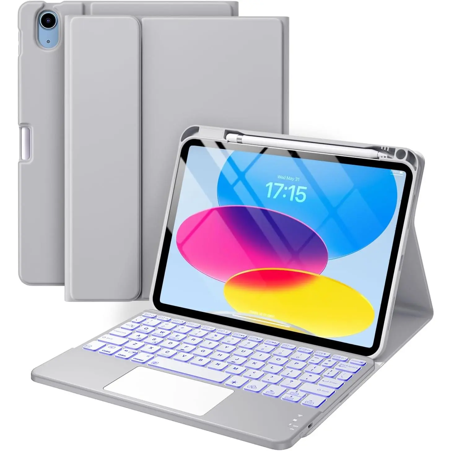Compatible for iPad 10th Generation Case with Keyboard (10.9", 2022), Folio Keyboard Cover with Pencil Holder, Multi-Touch Trackpad, 7 Color Backlit, Detachable Keyboard for iPad 10 Gen (Gray)