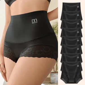 QUASTI 8PCS High Waist Black Solid Color Breathable Briefs for Women, Sexy Lace Boxer Brief, Full Coverage Underwear Soft Skin Friendly Fit Basic Women Body Slim Abdominal Panties,Elegant and Fashionable Panty, S-XXL