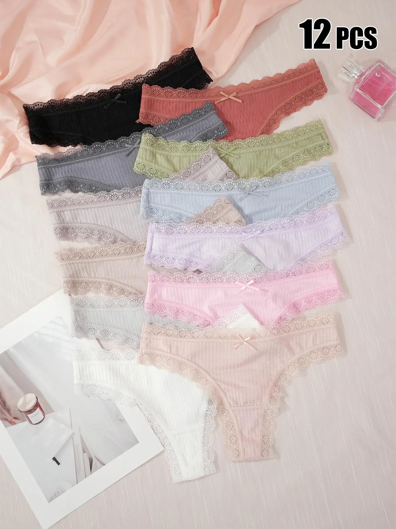 Women's Plain Bow Decor Lace Trim Thong, Casual Comfy Breathable Panty for Daily Wear, Ladies Underwear for All Seasons