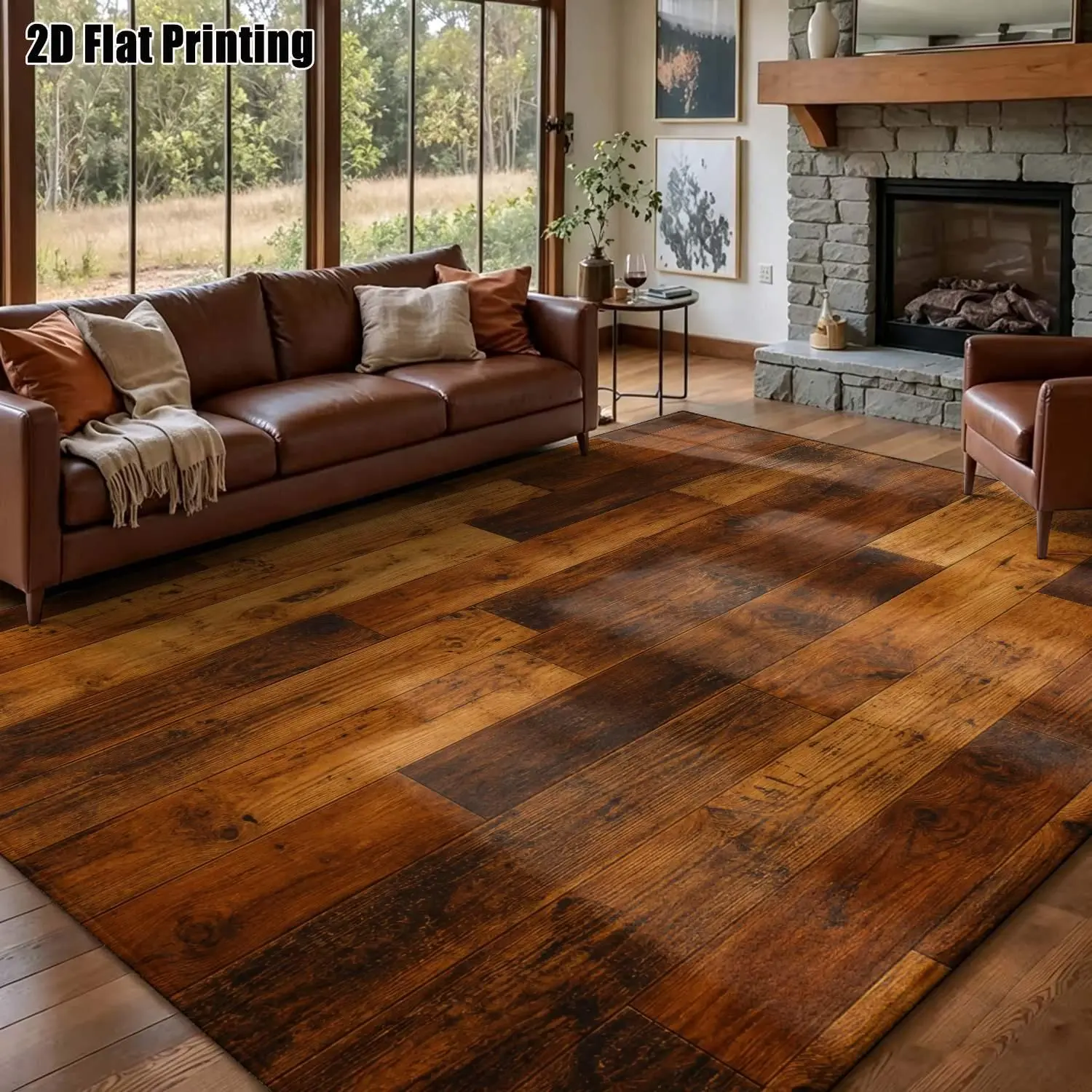 Large indoor area rug, soft velvet low pile with non-slip dotted backing, machine washable rustic brown wood plank pattern rug for living room, bedroom, entryway