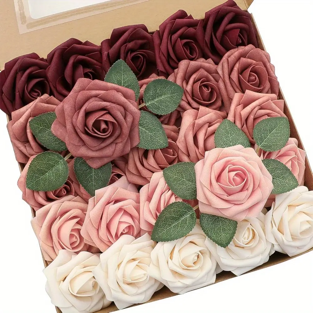 25/50pcs Artificial Flowers Real Looking Burgundy Ombre Colors Foam Fake Roses with Stems for DIY Red Wedding Bouquets Bridal Shower Centerpieces Floral Arrangements Party Tables Home Decorations, Home Floral Decor, Floral Arrangement Supplies