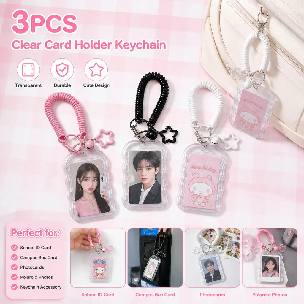 3-Piece Silicone-Alloy Transparent Photocard Keychain with Star Waves Design - Soft, Detachable Chain Cute Pendant, ID Badge Holder, ID Card Decoration, Kpop Accessory