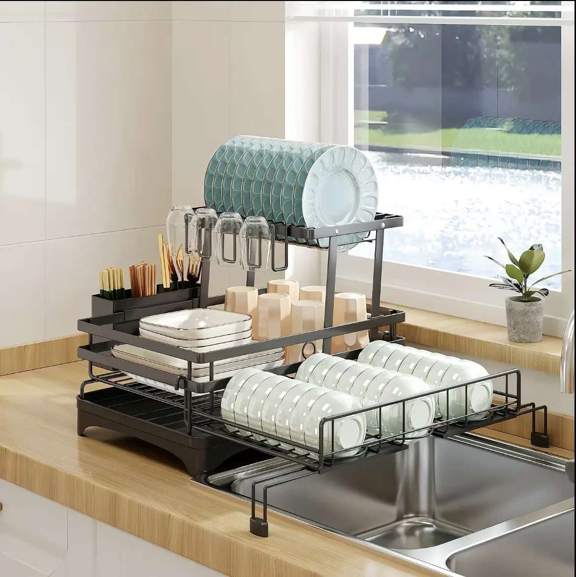 2-Tier Dish Drying Rack - Dish Rack with Auto Drain-to-Sink & Mat | Dish Racks for Kitchen Counter, Dish Drainer with Knife Fork & Cup Rack, Gifts for Women, Mothers Day, Kitchen Gadgets