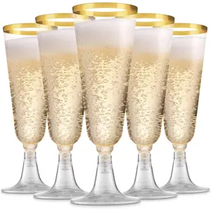 100 Pack Gold Plastic Champagne Flutes, 5 Oz Clear Plastic Toasting Glasses Fancy Disposable Wedding Party Cocktail Cups with Gold Rim