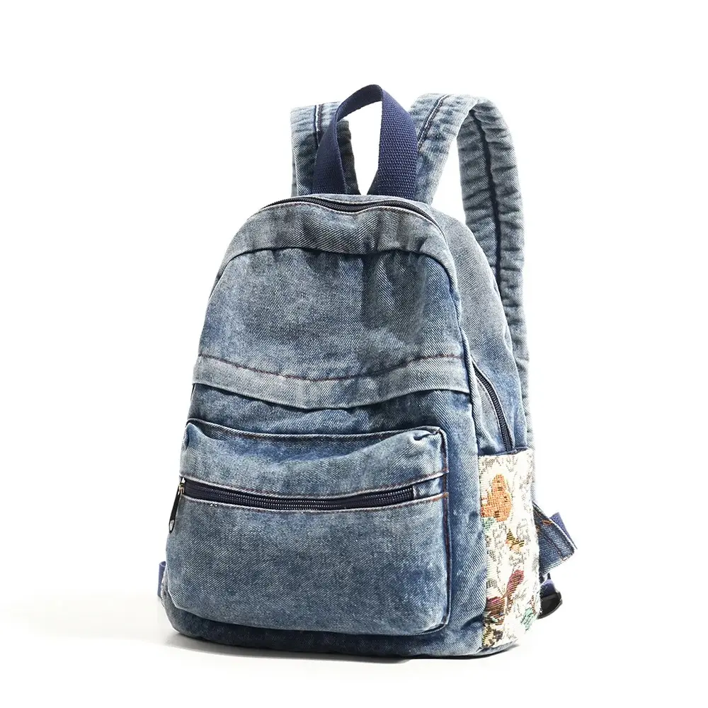 Women Washed Denim Small Backpack Casual Floral Patch College School Girl Book Bag Cotton Jean Travel Rucksack Canvas Daypack
