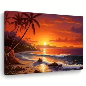 2D Flat Canvas Art Painting with Wooden Frame, Depicting Tropical Beach Sunset with Palm Trees, Suitable for Decorating Living Room, Bedroom, Kitchen, and Office It's a perfect gift for both men and women during the holidays