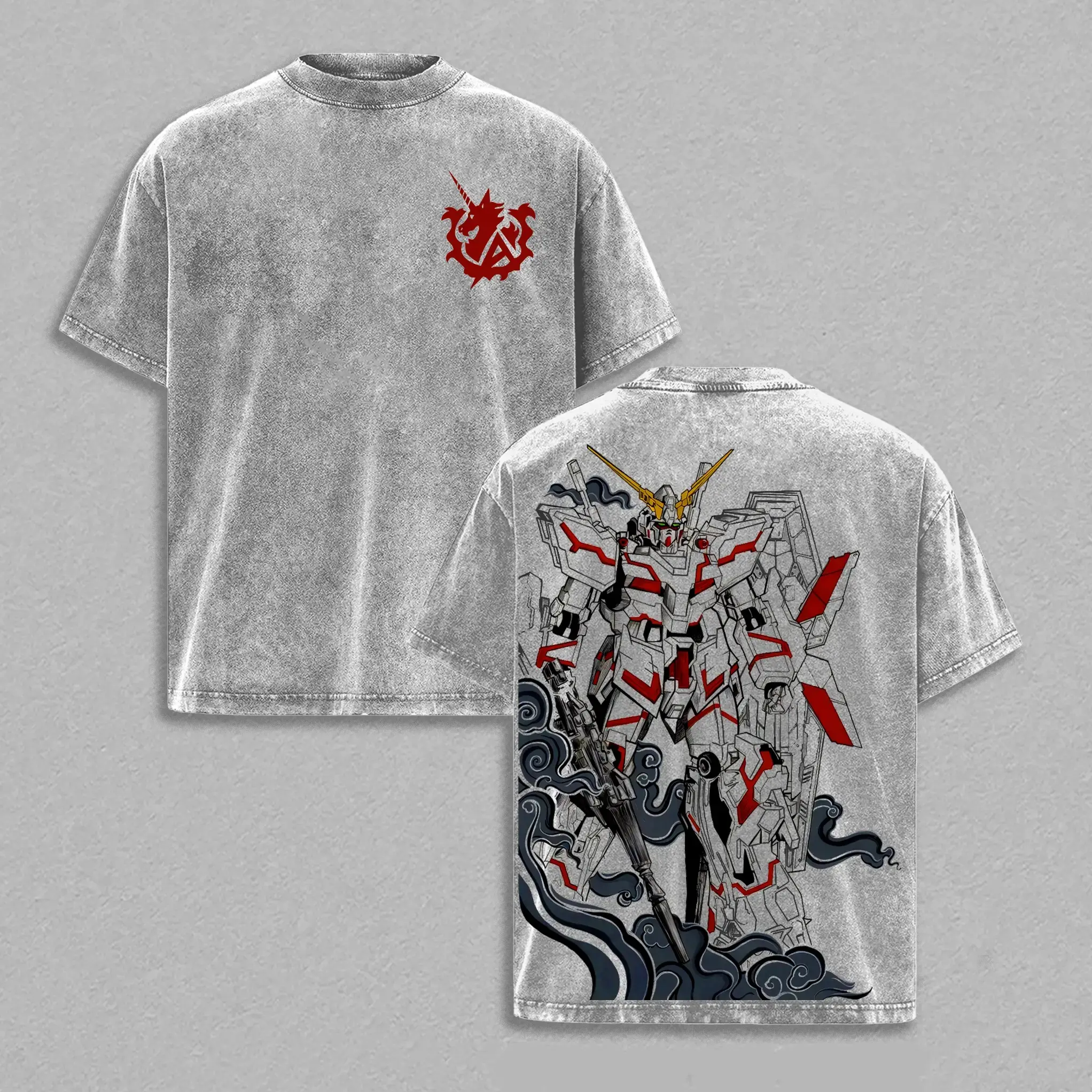 Men's Unisex RX-0 Unicorn Gundam Vintage Washed Graphic Tee, Streetwear Look Unisex Top with Unicorn Motif, Mecha Manga Otaku Robot Fan Gift Apparel