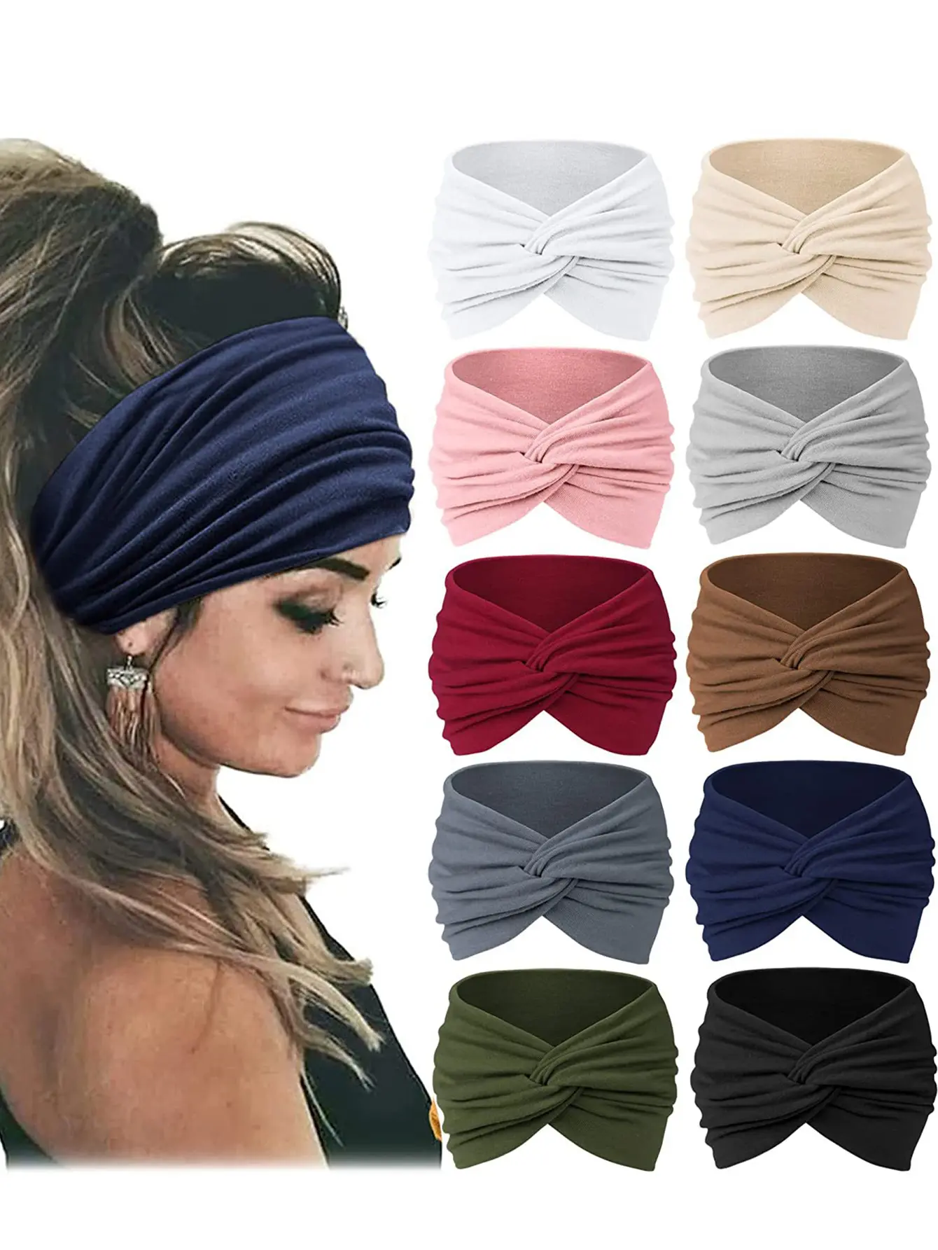 Women's Wide African Stretch Fabric Headbands - 10-Piece Colorful Unisex Polyester Elastic Fit Hair Accessories, 8.66x4.134 in for Versatile Wear